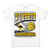 White t-shirt with Gold & Black ink. From top to bottom it reads "Carver-Hawkeye Arena. Hawkeye Women's Basketball. Established 1974." An illustration of Herky the Hawk beside a basketball in the net are in the center of the shirt.