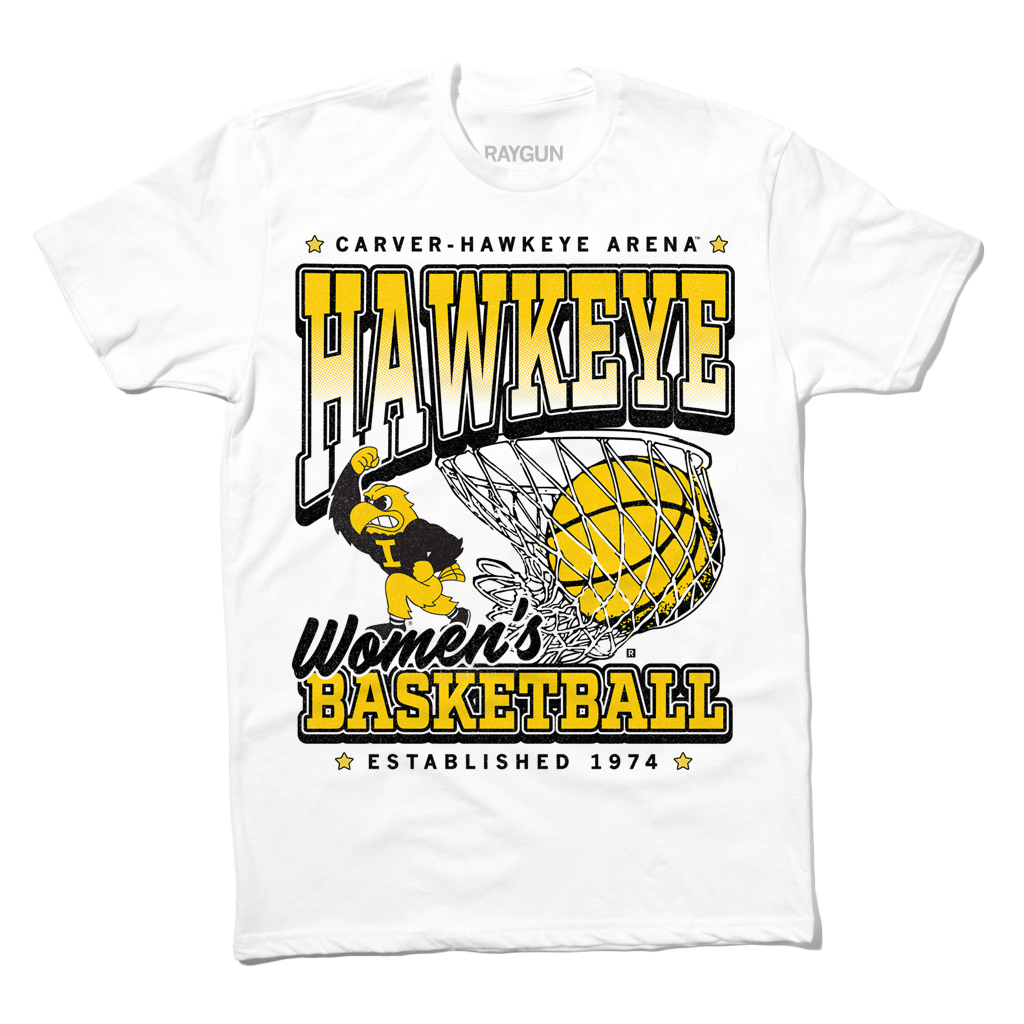 White t-shirt with Gold & Black ink. From top to bottom it reads "Carver-Hawkeye Arena. Hawkeye Women's Basketball. Established 1974." An illustration of Herky the Hawk beside a basketball in the net are in the center of the shirt.