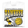 A folded white t-shirt with Gold & Black ink. From top to bottom it reads "Carver-Hawkeye Arena. Hawkeye Women's Basketball. Established 1974." Herky the Hawk and a basketball in the net are in the center of the shirt.