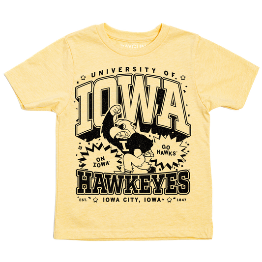 Banana cream University of Iowa Hawkeyes graphic t-shirt featuring black text and the Herky the Hawkeye mascot.