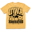 Mustard yellow heavyweight cotton T-shirt with a black graphic featuring the University of Iowa Hawkeyes logo, mascot, and text.