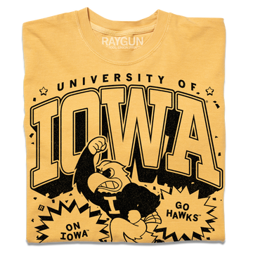 Officially licensed yellow Iowa T-shirt with University of Iowa and Go Hawks printed in black, featuring a graphic of the Iowa Hawkeye mascot raising a fist.