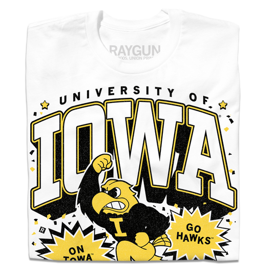 Officially licensed white T-shirt featuring an Iowa Hawkeyes graphic with Herky the mascot and speech bubbles reading ON IOWA and GO HAWKS.