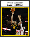 An Iowa basketball player wearing a golden yellow Heiden T-shirt shoots the ball while a defender reaches up to block her, with text at the top reading Approved & licensed by Ava Heiden!.