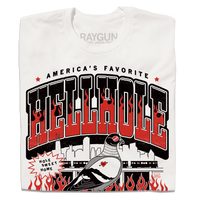 A folded white t-shirt featuring a bold graphic print with the text 'HELLHOLE' in large red and black letters, flames, a pigeon illustration, and the brand name 'RAYGUN' printed inside the collar.
