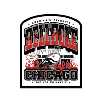Square die-cut sticker with a rounded top. Text from top to bottom reads "America's Favorite Hellhole. Chicago. Too hot to handle." There's fire behind "Chicago" and within the text for "Hellhole." In the center is a pigeon wearing sunglasses in front of the city skyline.