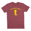 Heather burgundy t-shirt featuring a yellow graphic of a beer boot filled with the text Hessen Haus and the words On our Wurst Behavior above it.
