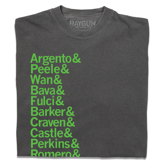 Charcoal gray heavyweight cotton t-shirt featuring a list of horror directors’ names printed in green text.