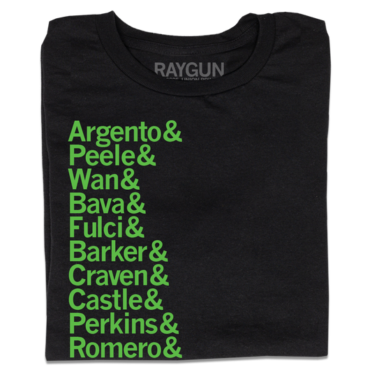 Black cotton t-shirt featuring a list of horror directors in green text: Argento, Peele, Wan, Bava, Fulci, Barker, Craven, Castle, Perkins, and Romero.