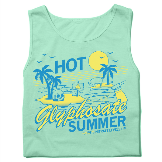 Union printed heavyweight tank top in light green, featuring a graphic of a polluted beach with a skull, a caution sign, a spray bottle, and the text HOT Glyphosate SUMMER SURFS NITRATE LEVELS UP.