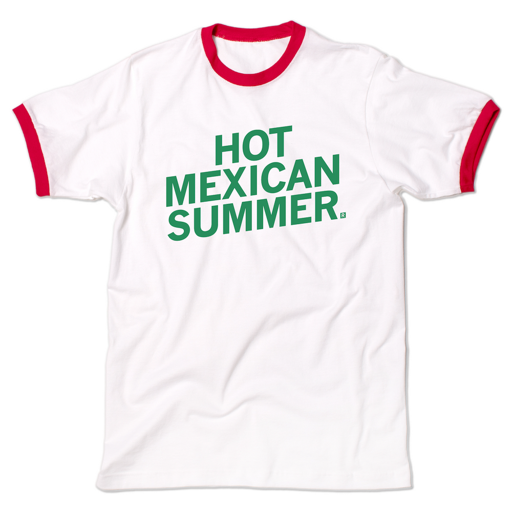 White and red ringer shirt with slanted green ink text that reads "Hot Mexican Summer"