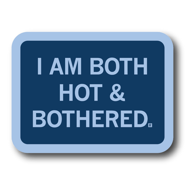 A rectangular blue sticker with light blue border and text that reads 