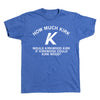 Heather royal Kirkwood t-shirt printed with the text: How much Kirk could Kirkwood Kirk if Kirkwood could Kirk wood?.