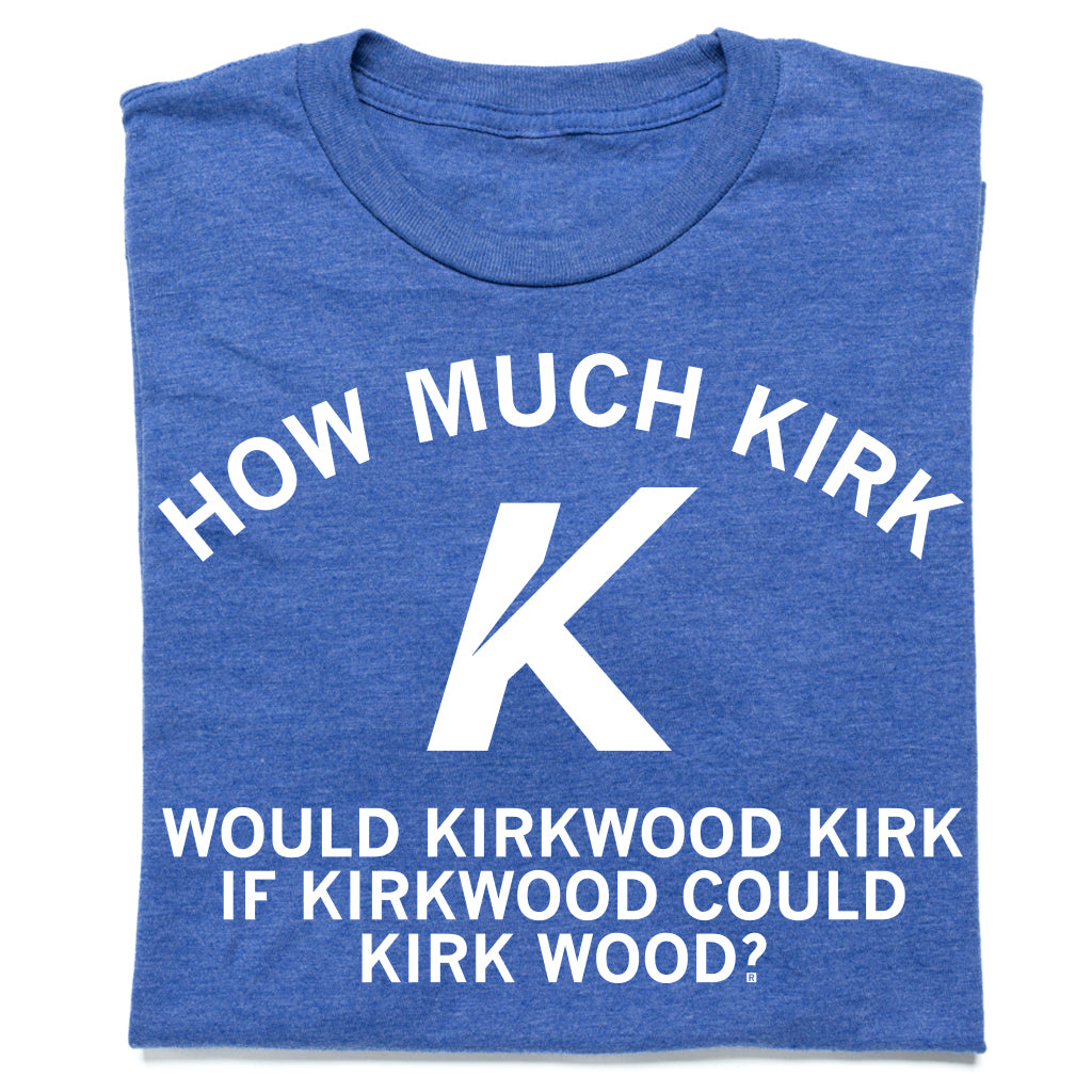 Heather royal Kirkwood t-shirt with the white text HOW MUCH KIRK K WOULD KIRKWOOD KIRK IF KIRKWOOD COULD KIRK WOOD?.