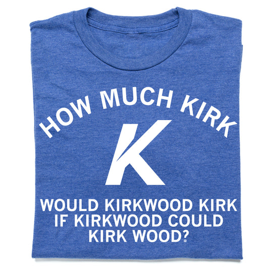 Heather royal Kirkwood t-shirt with the white text HOW MUCH KIRK K WOULD KIRKWOOD KIRK IF KIRKWOOD COULD KIRK WOOD?.