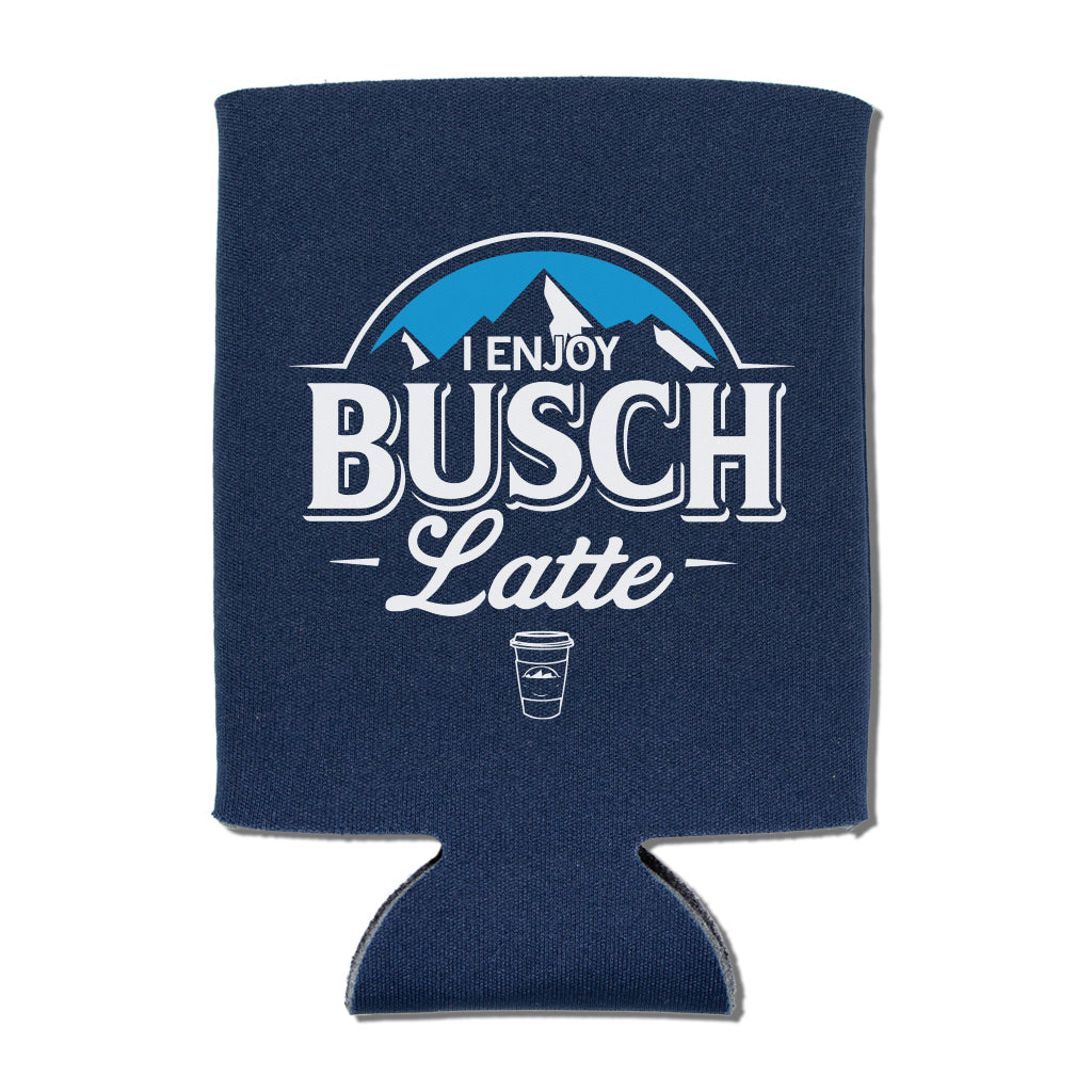 Navy blue fade-resistant foam coozie featuring a white graphic that says I ENJOY BUSCH Latte above a stylized mountain range and a coffee cup icon.