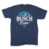 Heather denim t-shirt featuring a graphic that reads I ENJOY BUSCH Latte above a small coffee cup icon and a mountain silhouette.