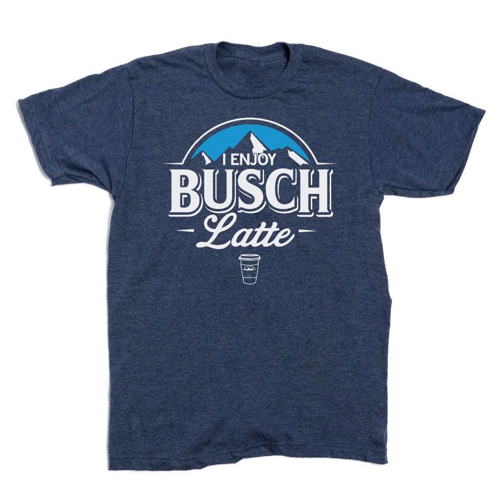 Heather denim t-shirt featuring a graphic that reads I ENJOY BUSCH Latte above a small coffee cup icon and a mountain silhouette.