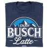 Heather denim navy blue t-shirt with a white and blue graphic featuring mountains and the text I ENJOY BUSCH Latte above a small beer can tab icon.