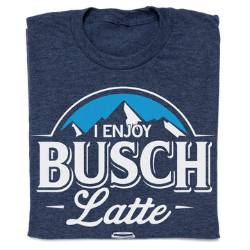 Heather denim navy blue t-shirt with a white and blue graphic featuring mountains and the text I ENJOY BUSCH Latte above a small beer can tab icon.