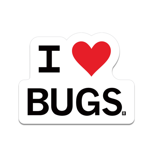 A white die-cut sticker with black text and a red heard that reads "I heart bugs"