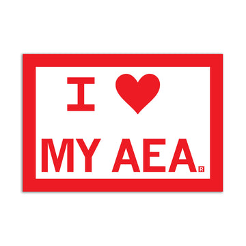 A red-bordered vinyl sticker that reads I [heart] MY AEA.