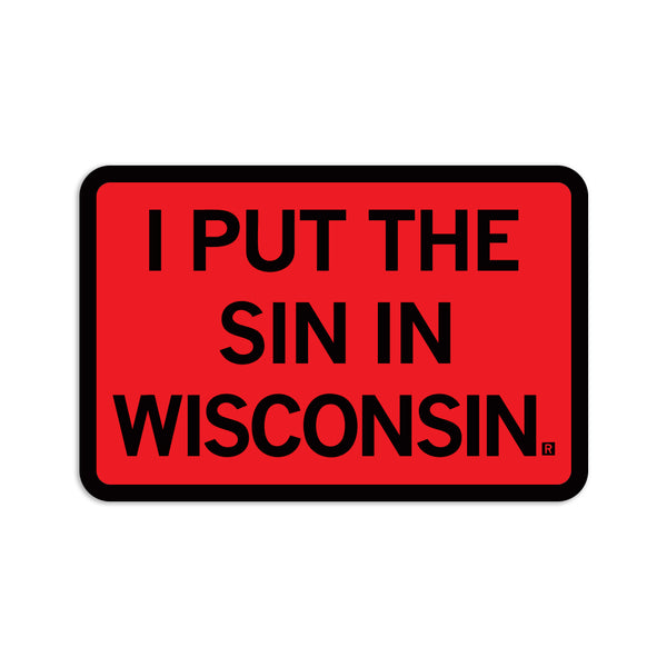 Red sticker with a black border and black text that says, 