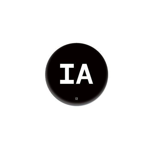 A black circular Iowa button containing the white letters IA with a small registration symbol below them.