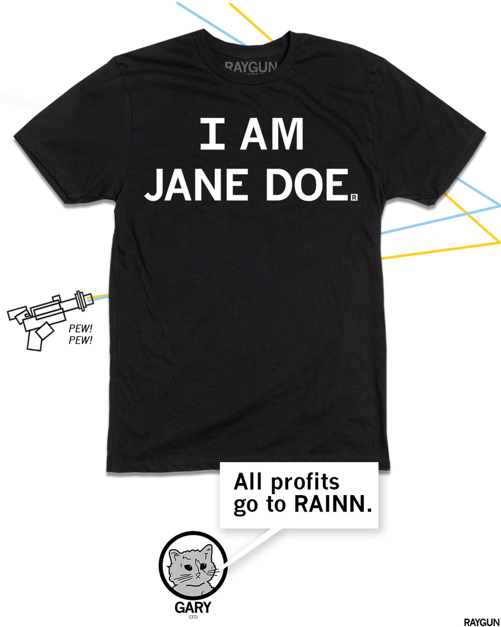 Promo image of the same shirt with Gary The Cat commenting below "All profits go to RAINN."