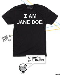 Promo image of the same shirt with Gary The Cat commenting below "All profits go to RAINN."