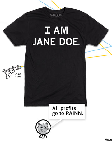 Promo image of the same design as a black shirt with Gary The Cat commenting below "All profits go to RAINN."