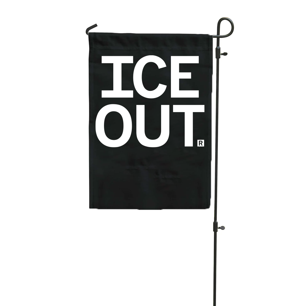 Black rectangular garden flag on a metal stand, featuring the white text ICE OUT® for an ICE Out display.
