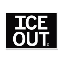 Black postcard with a white border and white text that reads "ICE OUT"