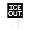 A square black yard sign with a white border and white text that says, "ICE OUT"