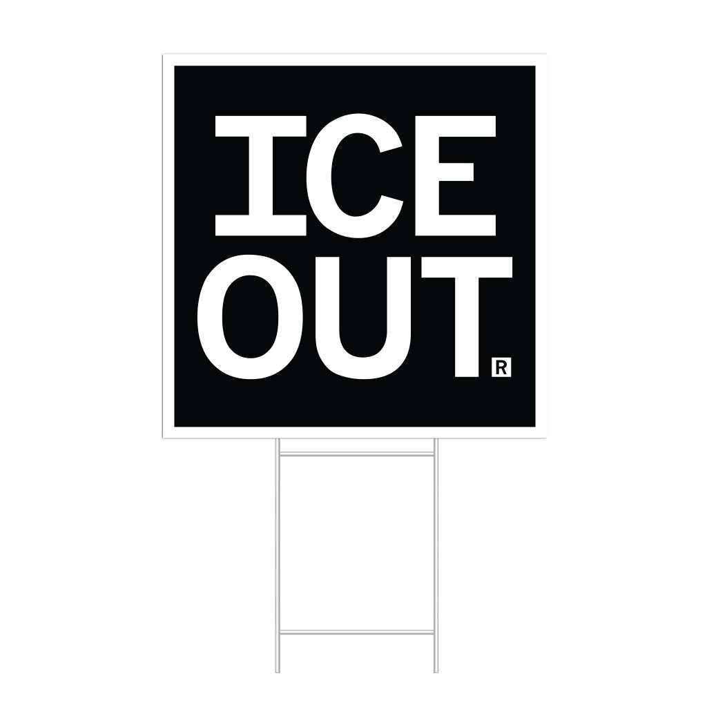 A square black yard sign with a white border and white text that says, "ICE OUT"