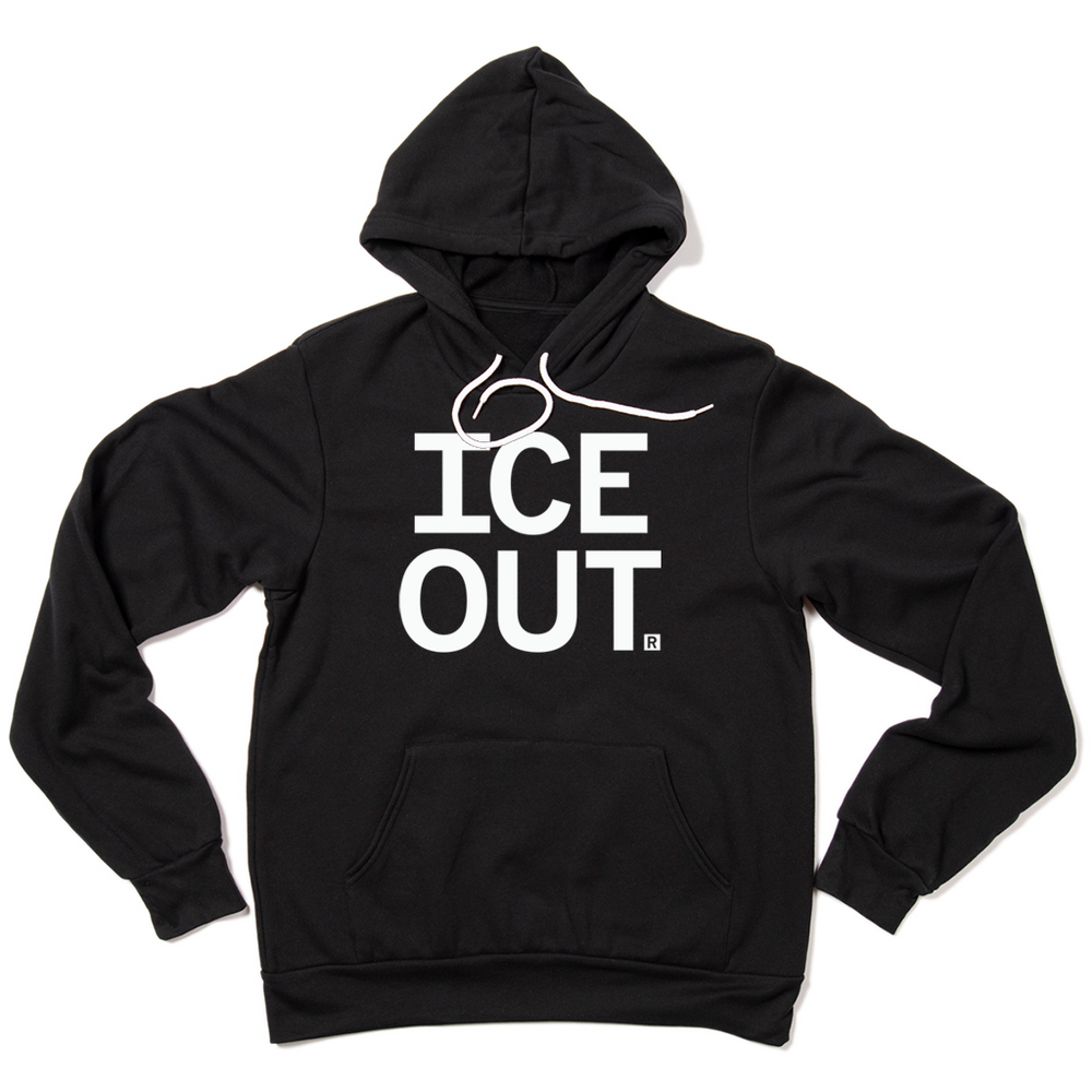 A black pullover hoodie with large stacked text printed in white ink that reads "ICE OUT"