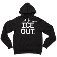 A black pullover hoodie with large stacked text printed in white ink that reads "ICE OUT"