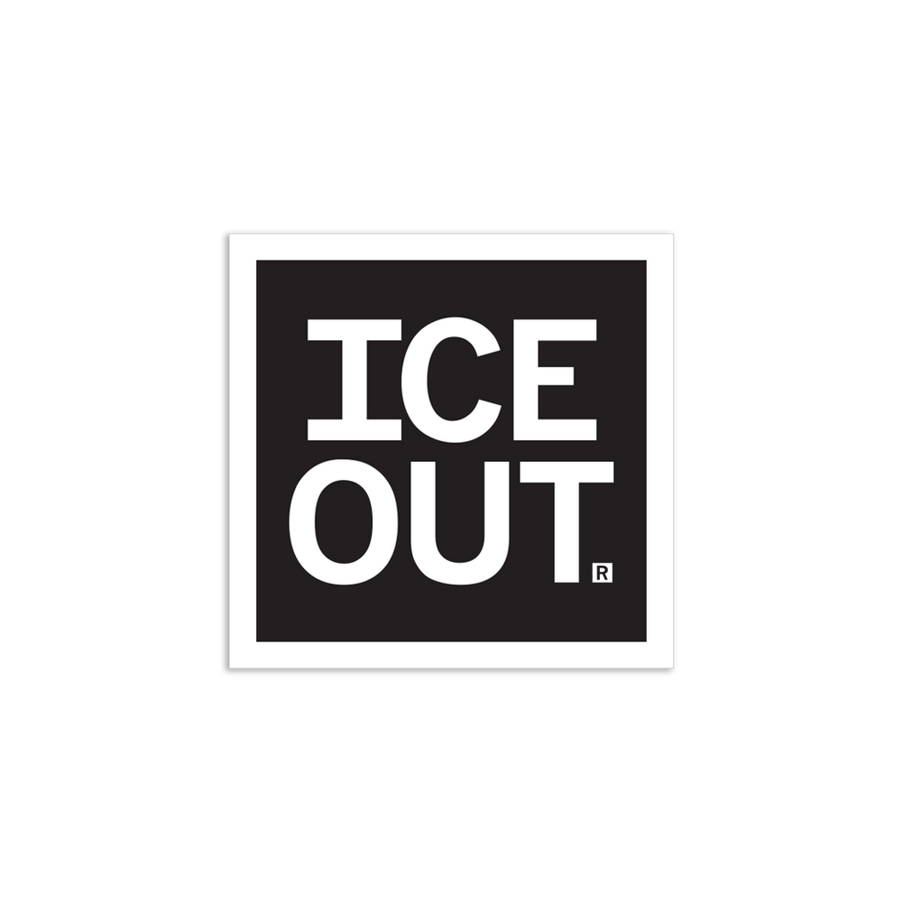 A square black sticker with a white border and white text that reads "ICE OUT"