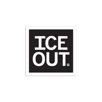 A square black sticker with a white border and white text that reads "ICE OUT"