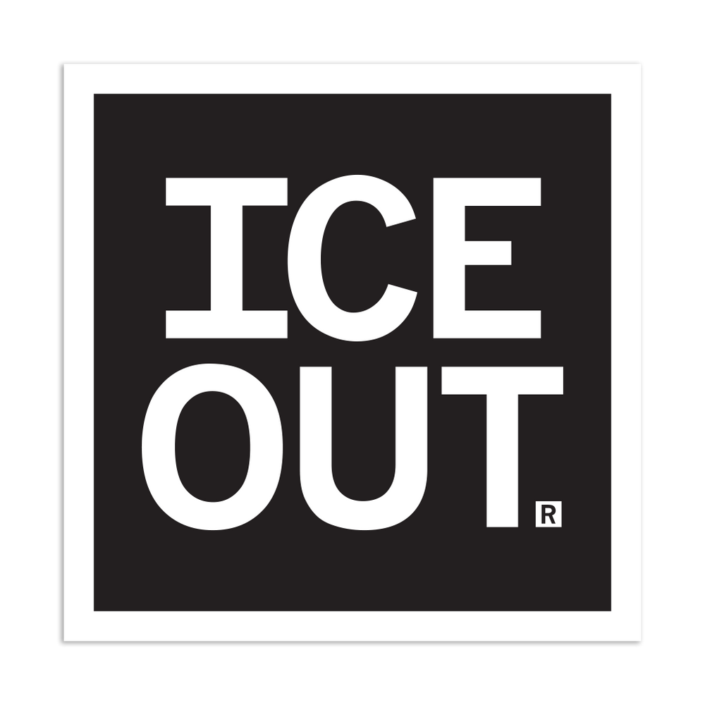 A square black sticker with a white border and white text that reads "ICE OUT"