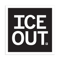 A square black sticker with a white border and white text that reads "ICE OUT"