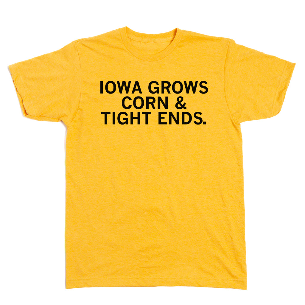 Union-made yellow T-shirt featuring the black-printed text IOWA GROWS CORN & TIGHT ENDS.