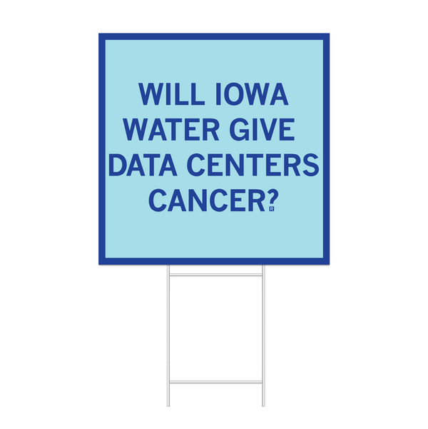 A square light blue yard sign with royal blue border and text that reads 