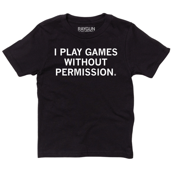 A youth sized black tee with centered white ink text that says, 