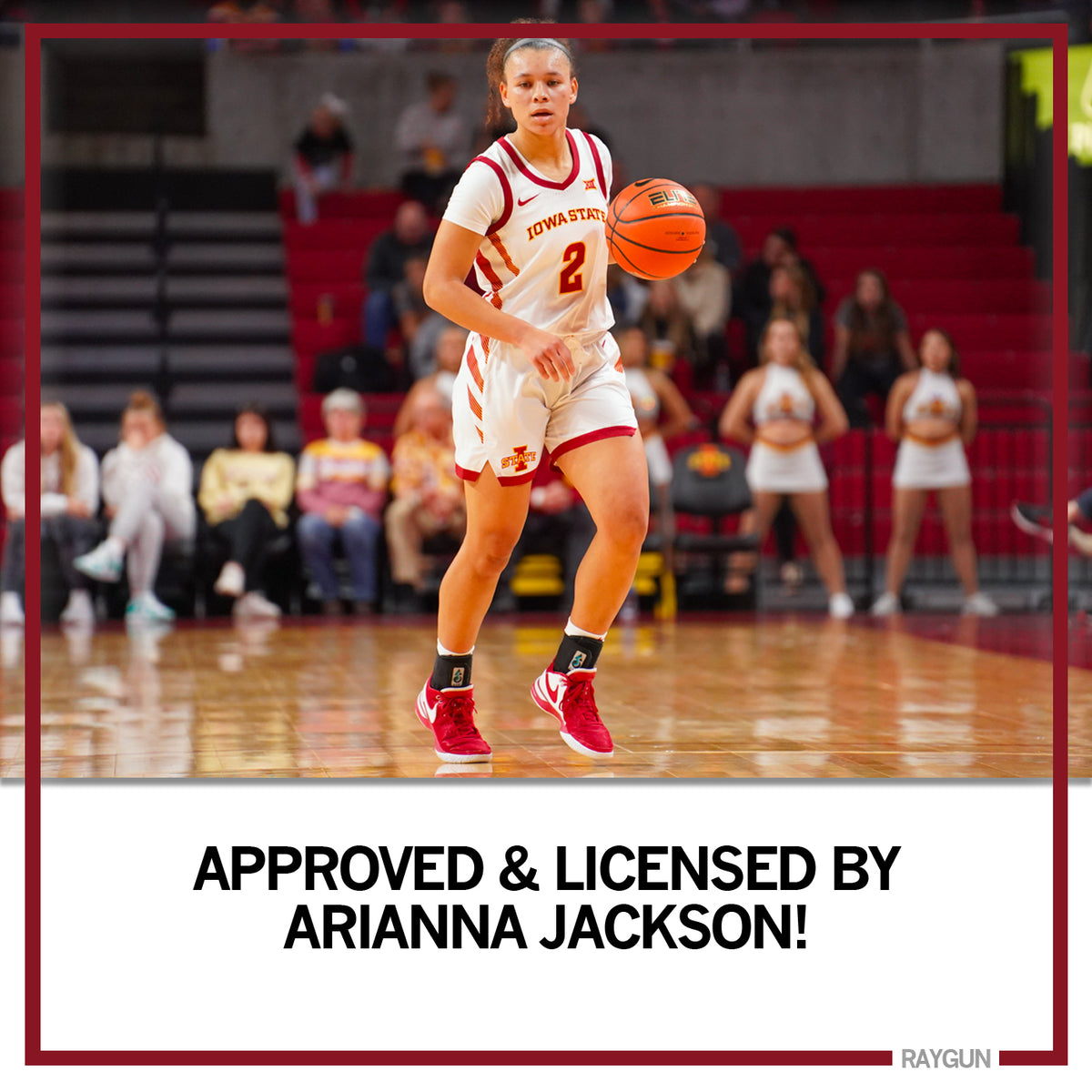 Arianna Jackson dribbling a basketball on a heather red T-shirt, with text below reading APPROVED & LICENSED BY ARIANNA JACKSON!.