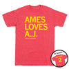 Heather red t-shirt with yellow text reading AMES LOVES A.J. ARIANNA JACKSON on the front and JACKSON 2 on the back.