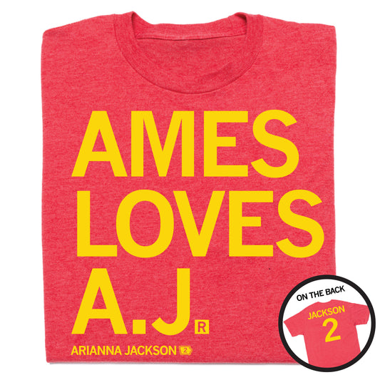 Heather red RAYGUN t-shirt with yellow text reading AMES LOVES A.J. and ARIANNA JACKSON, featuring an inset image showing the back of the shirt with JACKSON 2.