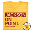 Heather mellow yellow t-shirt with JACKSON ON POINT. printed in maroon, including the name ARIANNA JACKSON and the number 2; an inset shows the back of the shirt with JACKSON and the number 2.