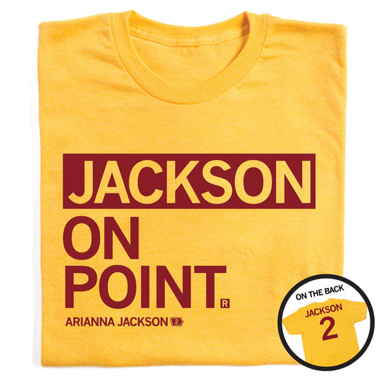 Heather mellow yellow t-shirt with JACKSON ON POINT. printed in maroon, including the name ARIANNA JACKSON and the number 2; an inset shows the back of the shirt with JACKSON and the number 2.