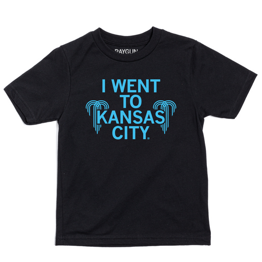 Black union made t-shirt featuring blue text that reads I WENT TO KANSAS CITY. and graphic icons of fountains.